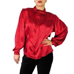 Michelle Stuart 80s Vintage Red Satin Puff Sleeve Button Front Blouse Size 10